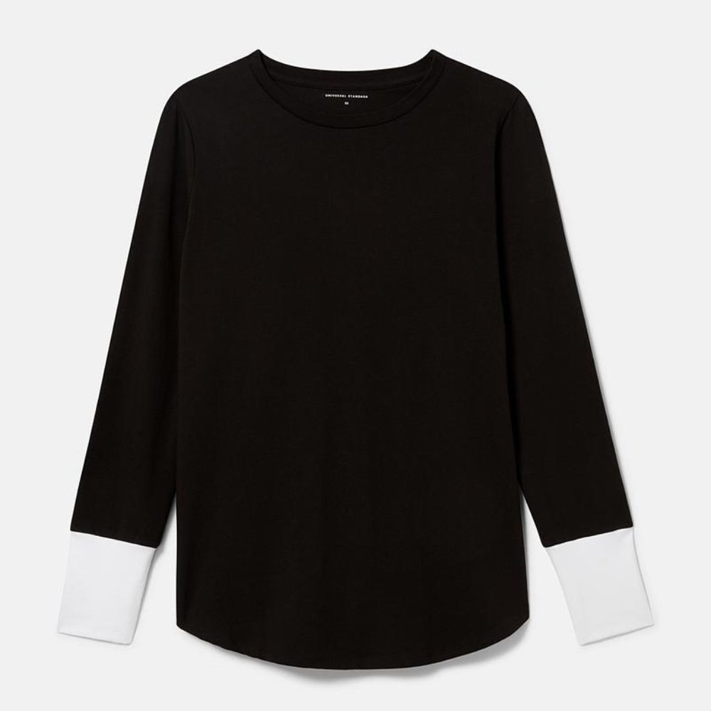 NEW Universal Standard RHINE Black T-SHIRT Long Sleeve White Cuff Colorblock Top